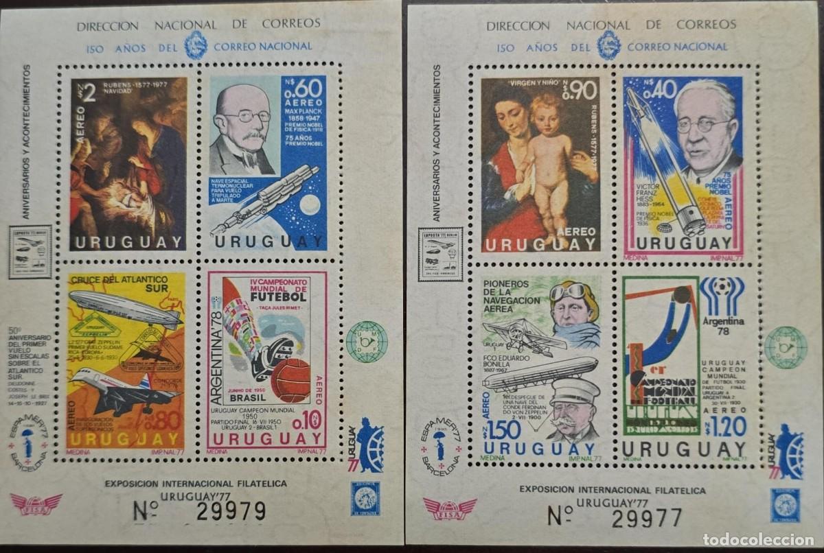 Sellos: MI) 1977 URUGUAY, TWO SOUVENIR SHEETS&mdash;&rdquo;URUGUAY 77&rdquo; INTERNATIONAL PHILATELIC EXHIBITION AND THE 150TH