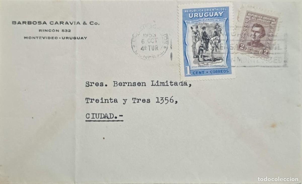 Sellos: MI) 1953 URUGUAY, COVER MAILED IN MONTEVIDEO ON OCTOBER 6. TOTAL POSTAGE IS 3 CENT&Eacute;SIMOS, COMPRISING