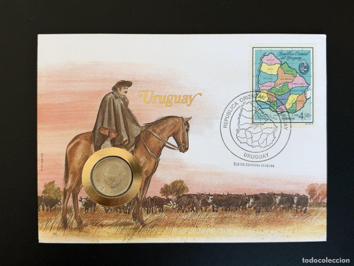 Sellos: Uruguay sobre numism&aacute;tico FDC 1984 sello moneda Gaucho