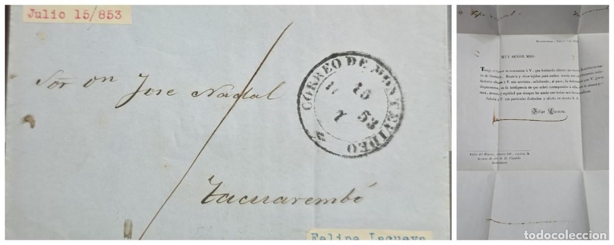 Sellos: O) 1853 URUGUAY, MONTEVIDEO, PRESTAMP - PREPHILATELIC, COMPLETE LETTER, CIRCULATED COVER TO TACUAR