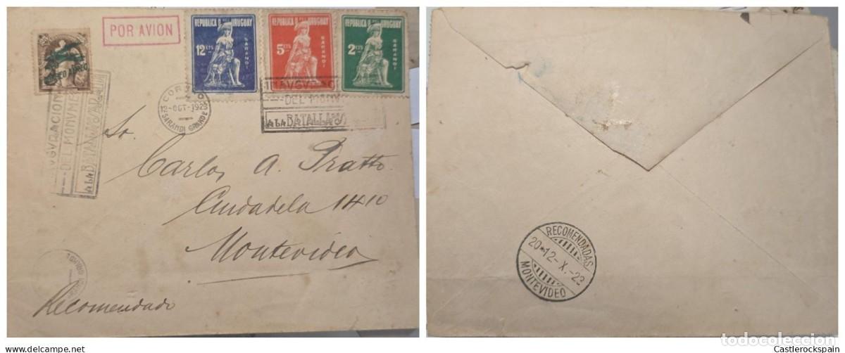 Sellos: O) 1923 URUGUAY, BATTLE MONUMENT, SARANDI GRANDE, FIRST FLIGHT, CIRCULATED TO MONTEVIDEO