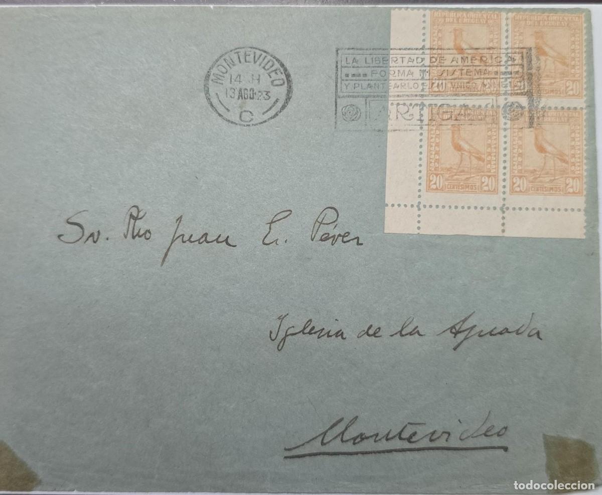 Sellos: O) 1923 URUGUAY, MONTEVIDEO, FRONT LETTER, SOUTHERN LAPWING, IN BLOCK, COVER WITH LIBERTY SLOGAN