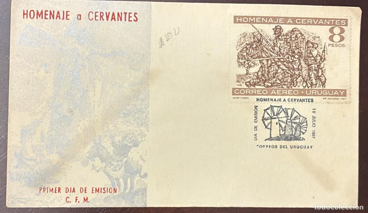 Stamps: TS.) 1967, URUGUAY, FIRST DAY COVER, AIRMAIL, PRE-PRINTED WITH A QUIXOTE-THEMED DESIGN HONORING MIGU