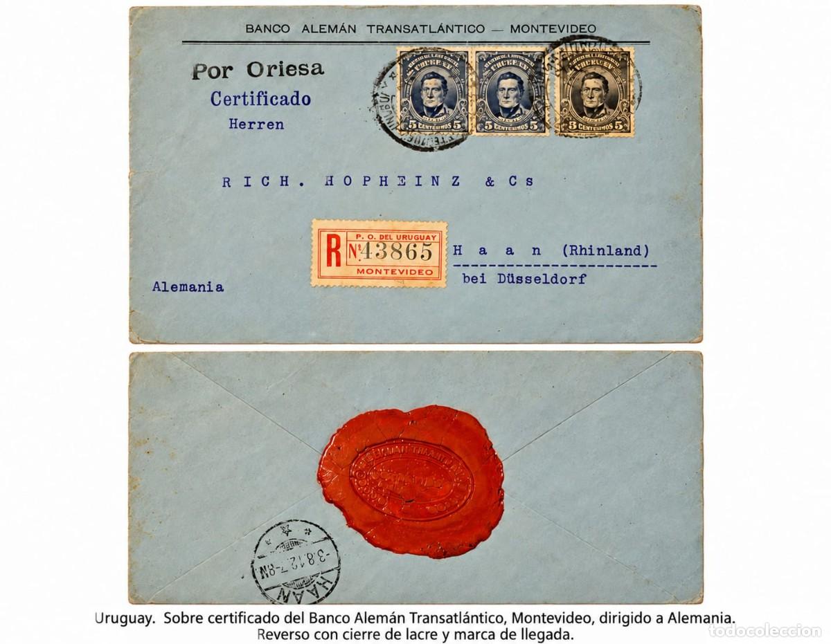 Sellos: O) 1912 URUGUAY, BANCO ALEMAN TRANSATLANTICO, POR ORIESA CERTIFICATED, HERREN ARTIGAS 5c blue, WA