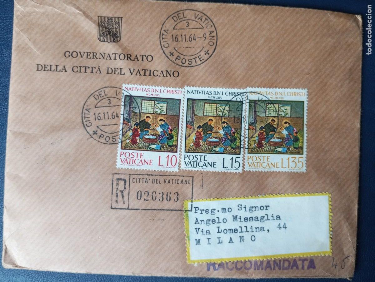 Sellos: CIUDAD DEL VATICANO, CERTIFICADO A MILAN 1964 - Foto 1