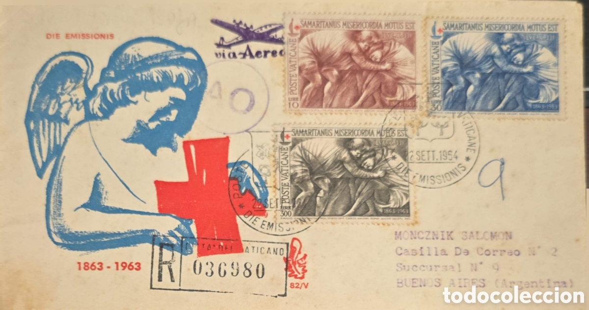 Sellos: CA)Vatican City + 1964 + Red Cross Centenary Airmail + Registered envelope commemorating the 100th a