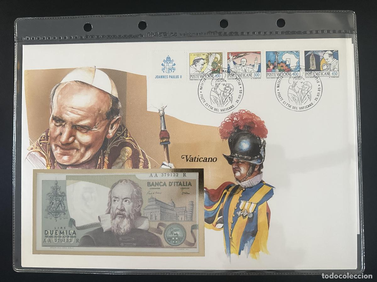 Sellos: Vaticano 1985 sobre numism&aacute;tico Juan Pablo II billete 2000 Liras