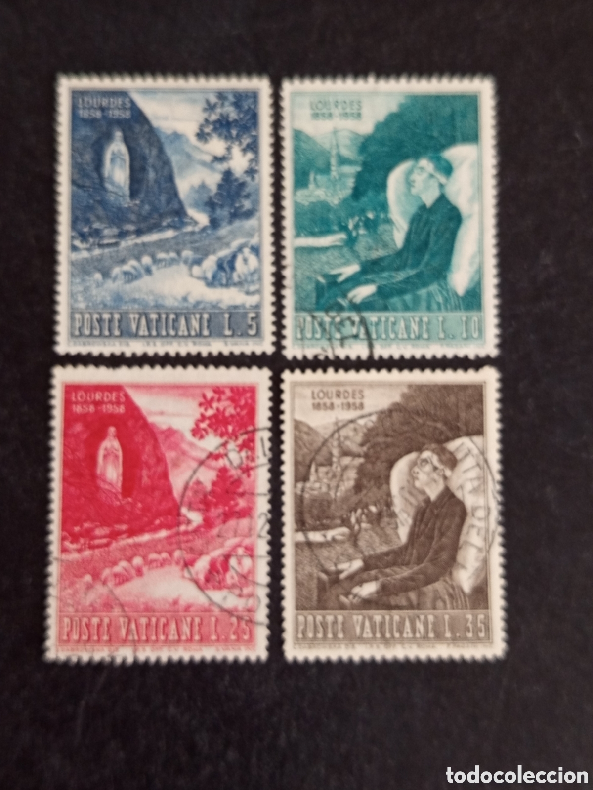 Sellos: Vaticano, 1958. Centenario Apariciones Lourdes. Yvert 251/2; 254/5.usados. Pedido m&iacute;nimo 3 &euro;.