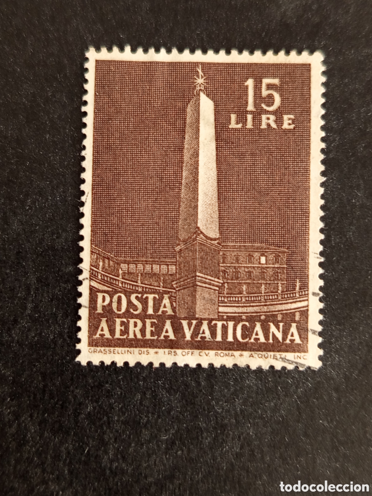 Sellos: Vaticano, 1956. Obelisco Plaza S. Pedro.Sello usado. Yvert a&eacute;reo 37. Pedido m&iacute;nimo 3 &euro;. Ver fotos .