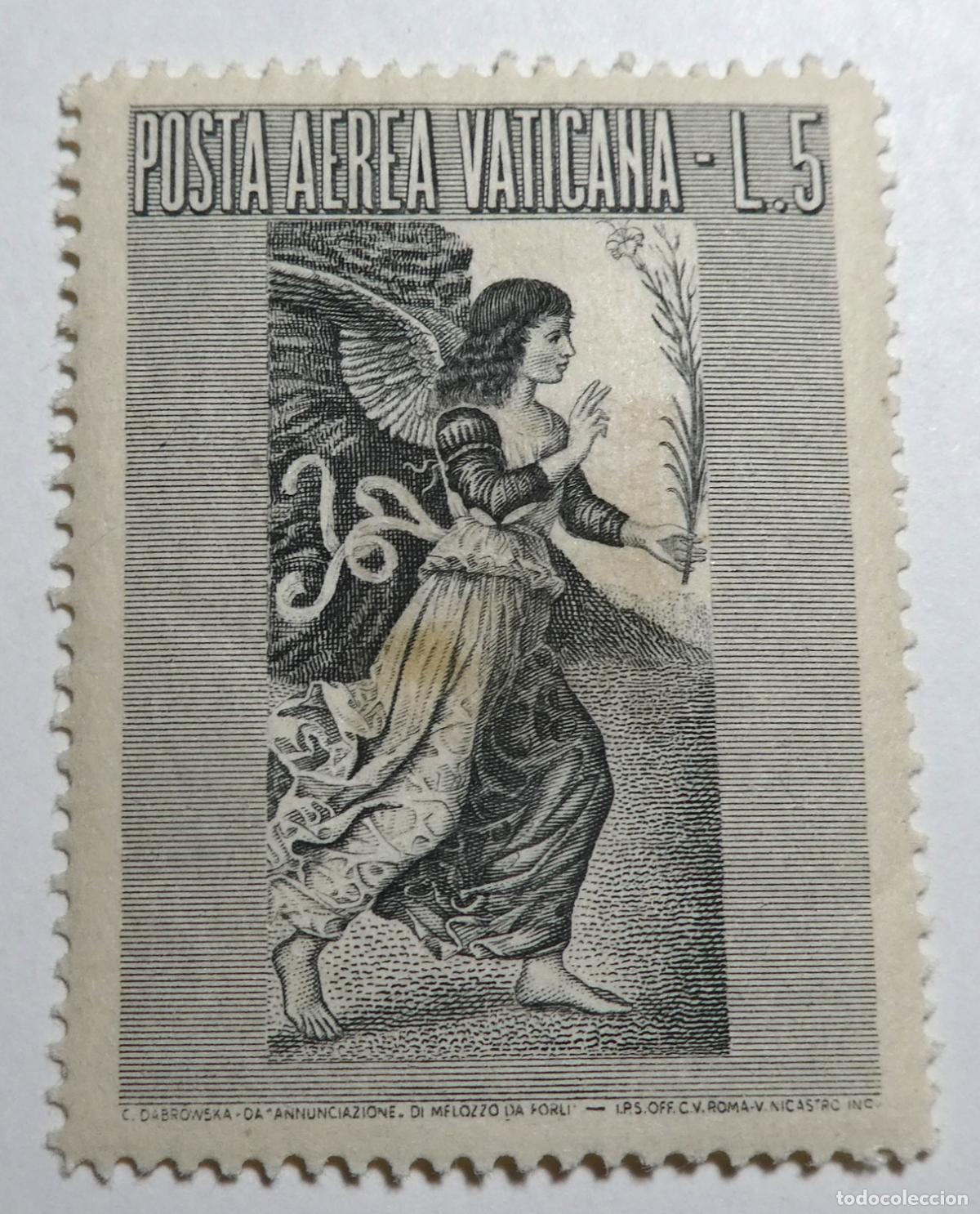 Sellos: Sello de correo a&eacute;reo de 5 liras del Vaticano emitido en 1956