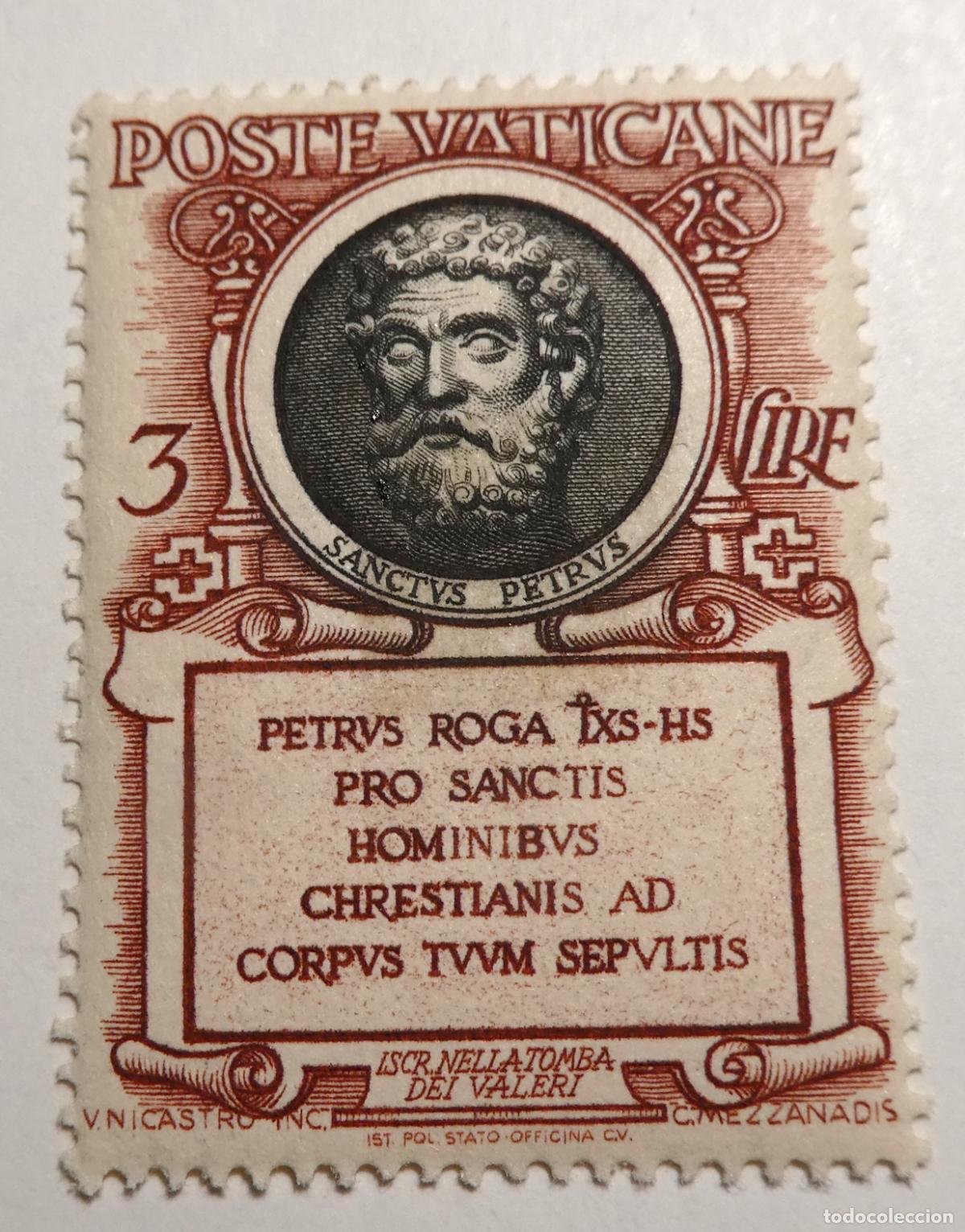 Sellos: Sello postal de 3 liras del Vaticano 1952 ,Placa de San Pedro en las Grutas