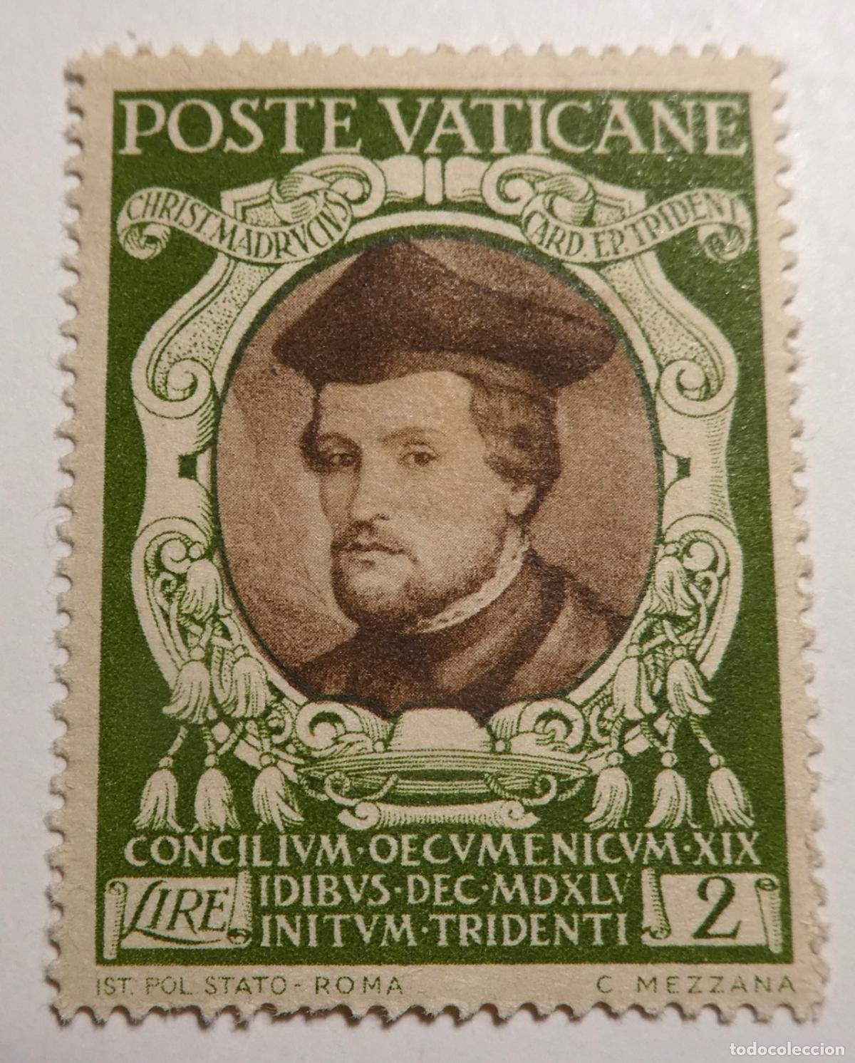 Sellos: Sello postal de 2 liras del Vaticano XIX CONCILIO ECUM&Eacute;NICO DE TRENTO - CARDENAL CRISTOBAL MADRUZZI.
