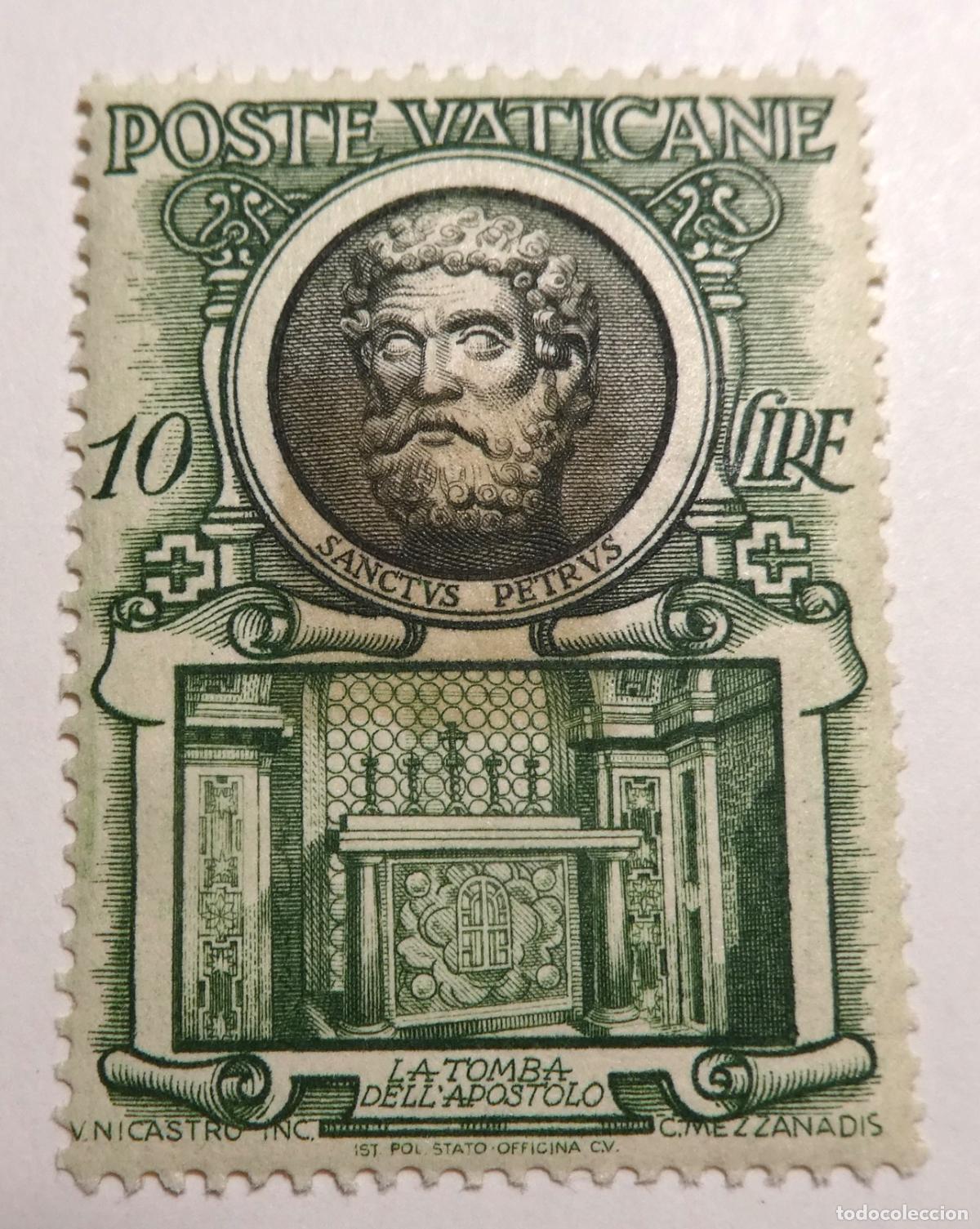 Sellos: Sello postal de 10 liras del Vaticano 1953. Tumba de San Pedro