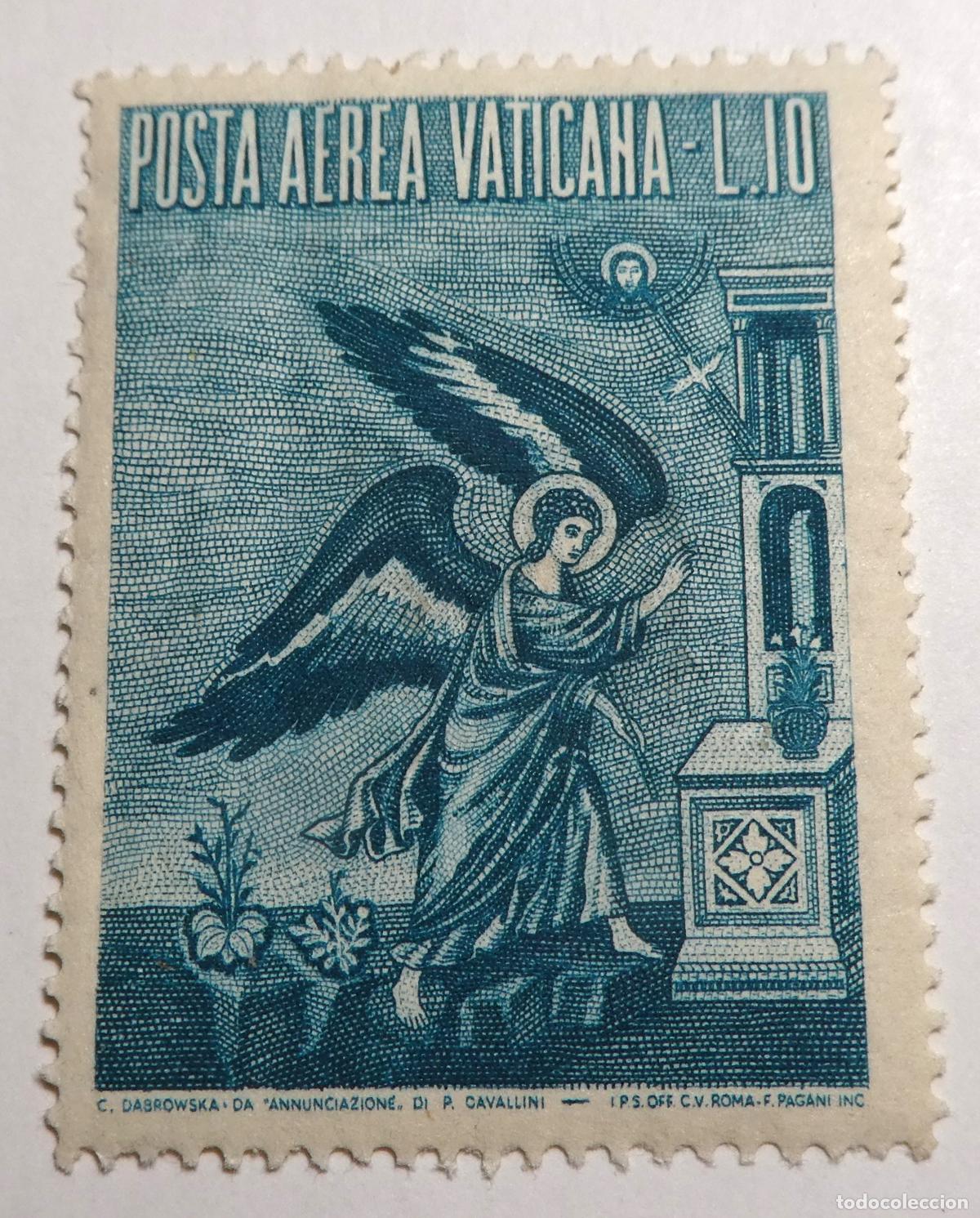 Sellos: Sello postal correo aereo del Vaticano 10 liras 1956. Arc&aacute;ngel Gabriel,