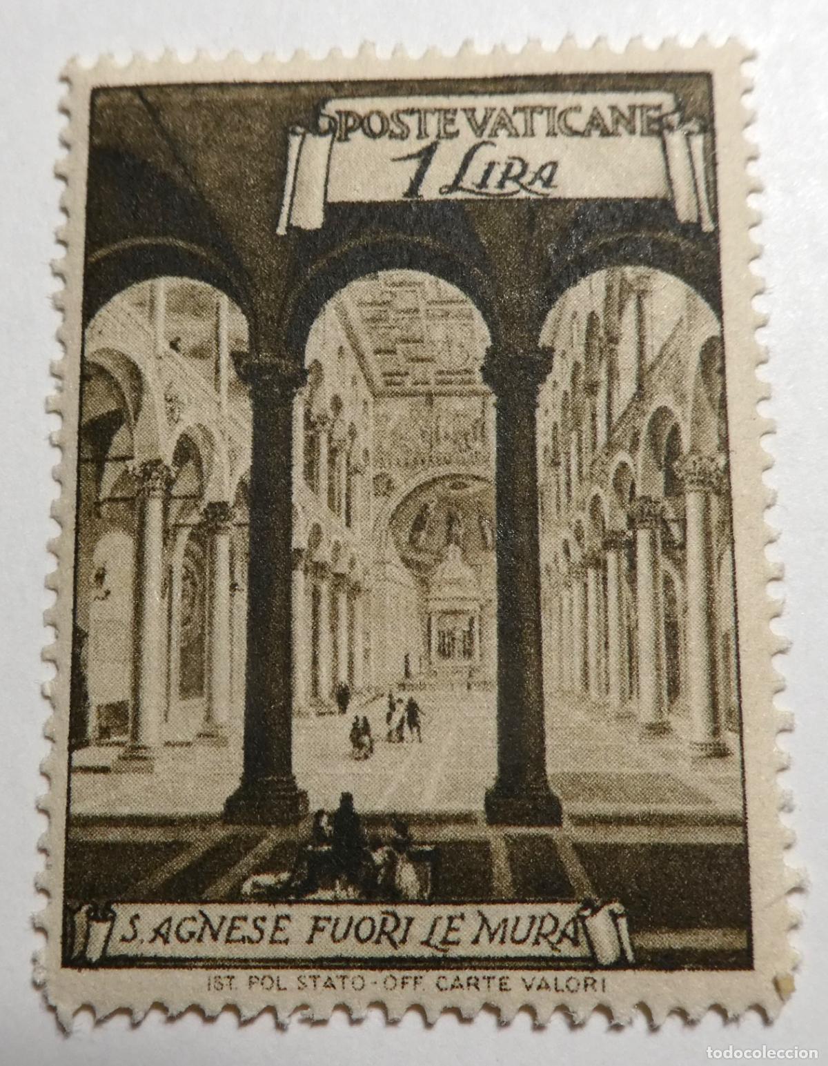Sellos: Sello postal del Vaticano 1 lira 1949,Bas&iacute;lica Romana de Santa In&eacute;s
