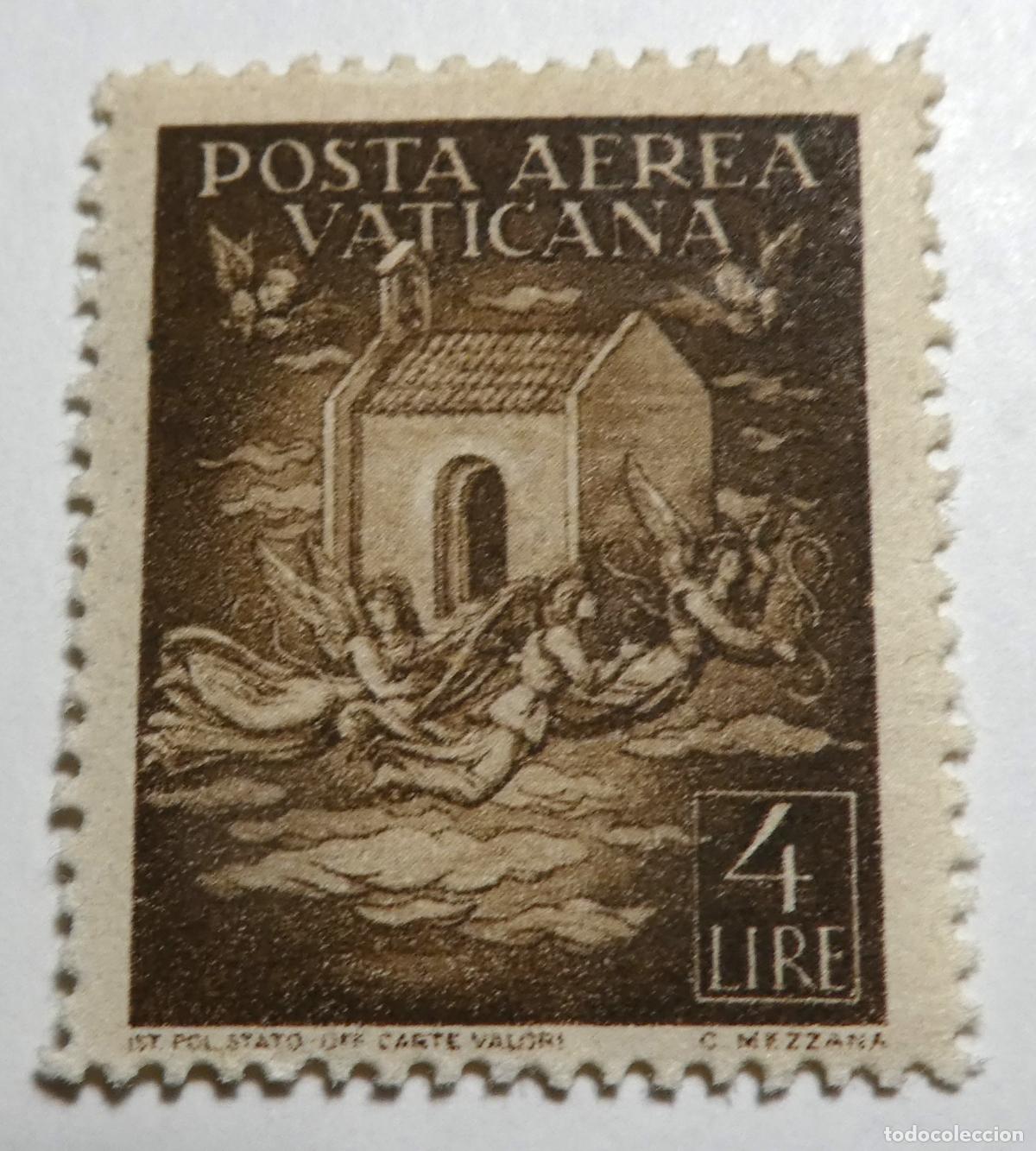 Sellos: Sello postal correo aereo del Vaticano 4 liras 1947,traslado de la Santa Casa de Loreto