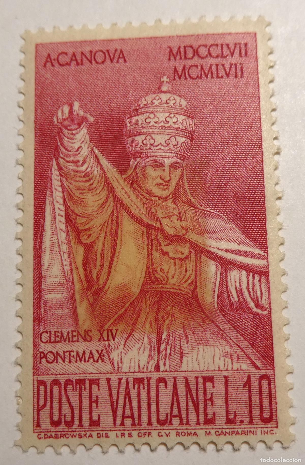 Sellos: Sello postal del Vaticano 10 liras 1958,Antonio Canova escultura del Papa Clemente XIV