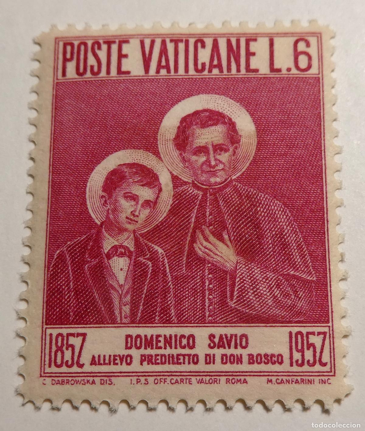 Sellos: Sello postal del Vaticano 6 liras 1957, Retrato de San Domingo Savio junto a San Juan Bosco