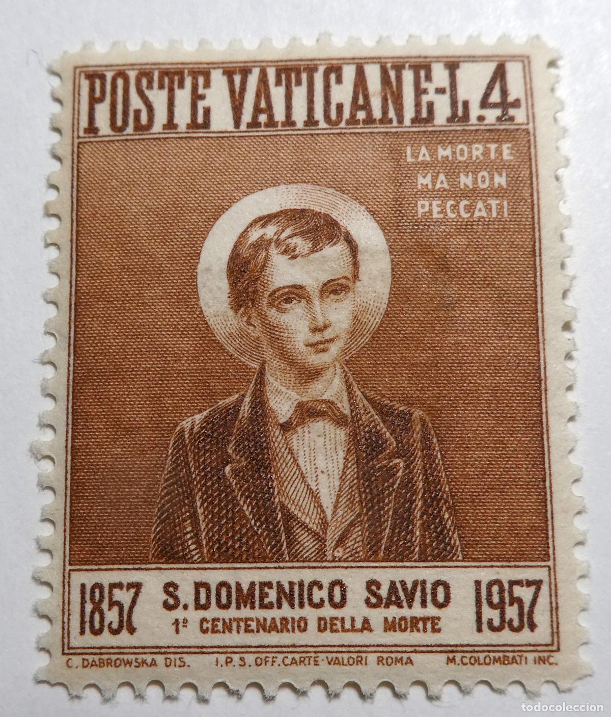 Sellos: Sello postal del Vaticano 6 liras 1957, Retrato de San Domingo Savio