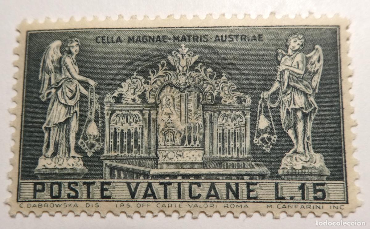 Sellos: Sello postal del Vaticano 15 liras 1957, altar mayor de la Bas&iacute;lica de Mariazell