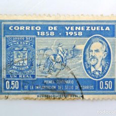 Sellos: SELLO POSTAL ANTIGUO VENEZUELA 1958 0,50 BS PRIMER CENTENARIO IMPLANTACIÓN SELLO DE CORREO - CONMEMO