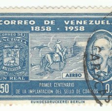 Sellos: ❤️ SELLO: CARTERO A CABALLO Y JACINTO GUTIÉRREZ, 1959, VENEZUELA, CABALLOS, 0,50 BOLÍVAR VENEZOLA ❤️