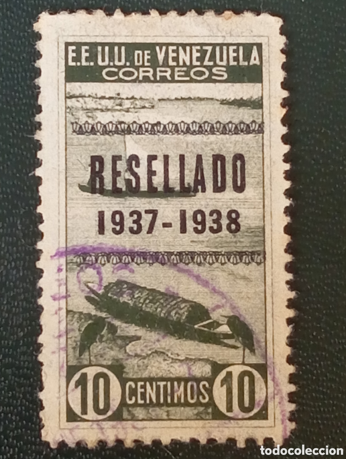 Sellos: Sello Venezuela A&ntilde;o 1937 - Valor 10 C&eacute;ntimos - Resellado 1937-38 - Scott #322