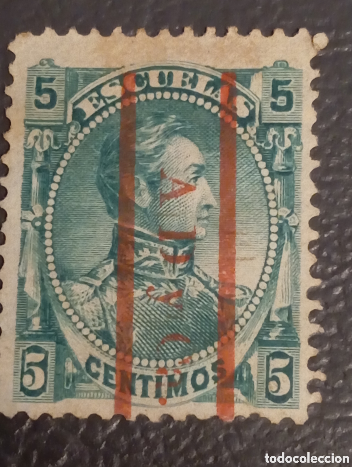 Sellos: Venezuela 1882 - Sim&oacute;n Bol&iacute;var 5c &rdquo;Escuelas&rdquo; - Con Sobrecarga de Barras Rojas - Cat. MH 49