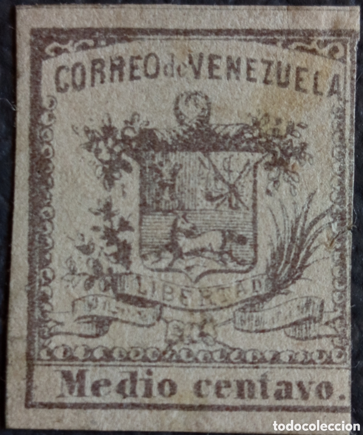Sellos: Venezuela 1864 Escudo Armas Medio Centavo Scott 10 Imperforate