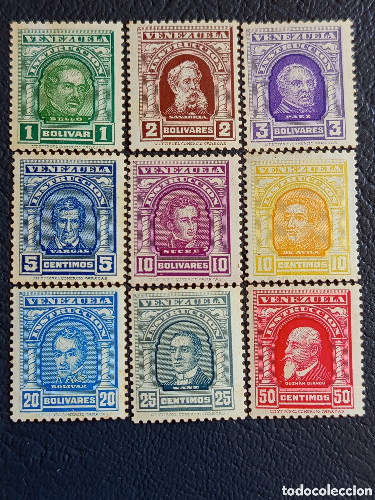 Stamps: Venezuela 1911 Instrucci&oacute;n Pr&oacute;ceres Bello Bol&iacute;var Sucre P&aacute;ez 9 Val. MNH