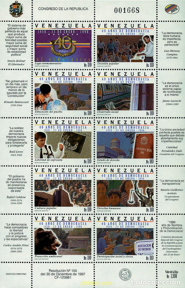 Sellos: 178717 MNH VENEZUELA 1998 40 A&Ntilde;OS DE DEMOCRACIA