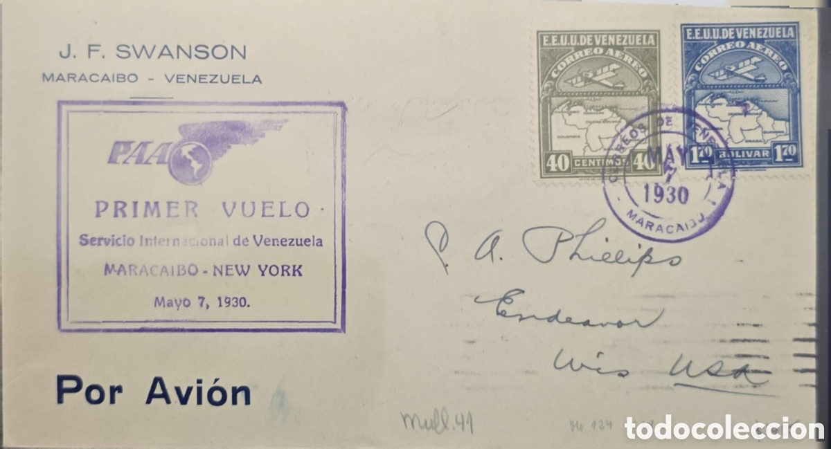 Sellos: CA)VENEZUELA 1930 A historic international First Flight Cover (FFC) sent from Maracaibo,canal zone