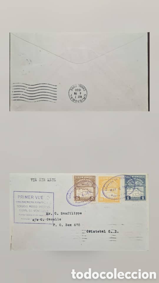 Sellos: CA) Venezuela (Sent to the Panama Canal Zone) 1930. Postal History / First Flight of Pan American Ai