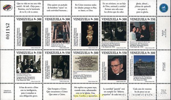 Sellos: 178812 MNH VENEZUELA 2001 CENTENARIO DEL NACIMIENTO DE JOSEMARIA ESCRIVA DE BALAGUER