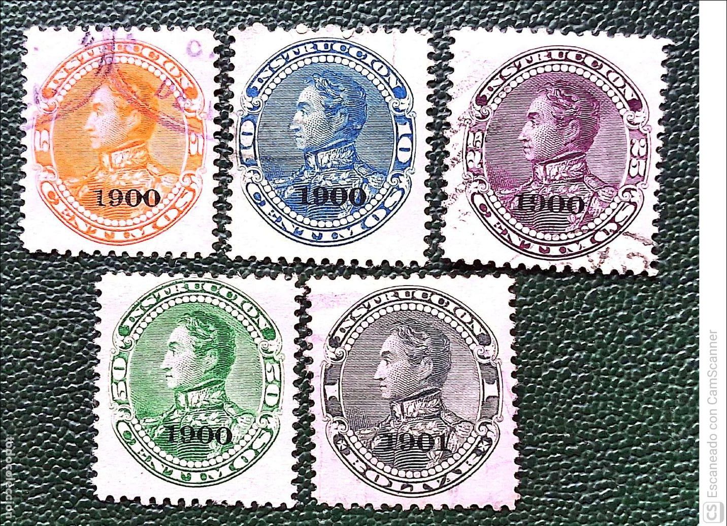 Sellos: Venezuela. Sellos Fiscales 76/80 Tipos de 1883, con sobrecarga 1900. 1900. Sellos nuevos con charnel