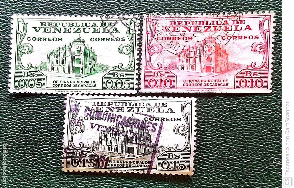 Sellos: Venezuela. 576/78 Central de Correos de Caracas. 1958. Sellos usados y numeraci&oacute;n Yvert.