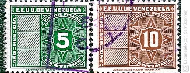 Sellos: Venezuela. Fiscales 141/42 EE.UU. de Venezuela. 1947. Sellos usados y numeraci&oacute;n Yvert.