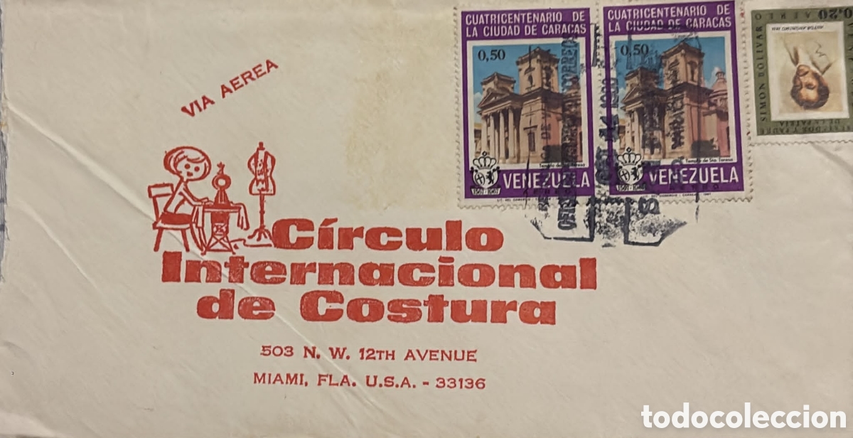 Sellos: CA)Venezuela + 1967 + Airmail & History + Envelope from Caracas to Miami with 0.50 stamps for the 40