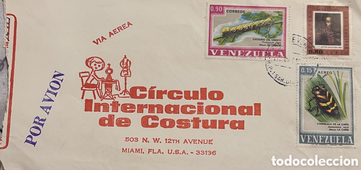 Sellos: CA)Venezuela + 1970s + Airmail & Agriculture + Envelope to Miami with stamps depicting tobacco cater