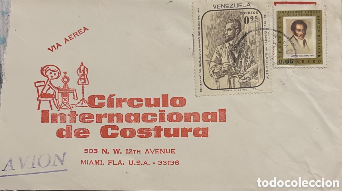 Sellos: CA)Venezuela + 1963 + Airmail & Art + Envelope to Miami with 0.95 stamp honoring Arturo Michelena ce