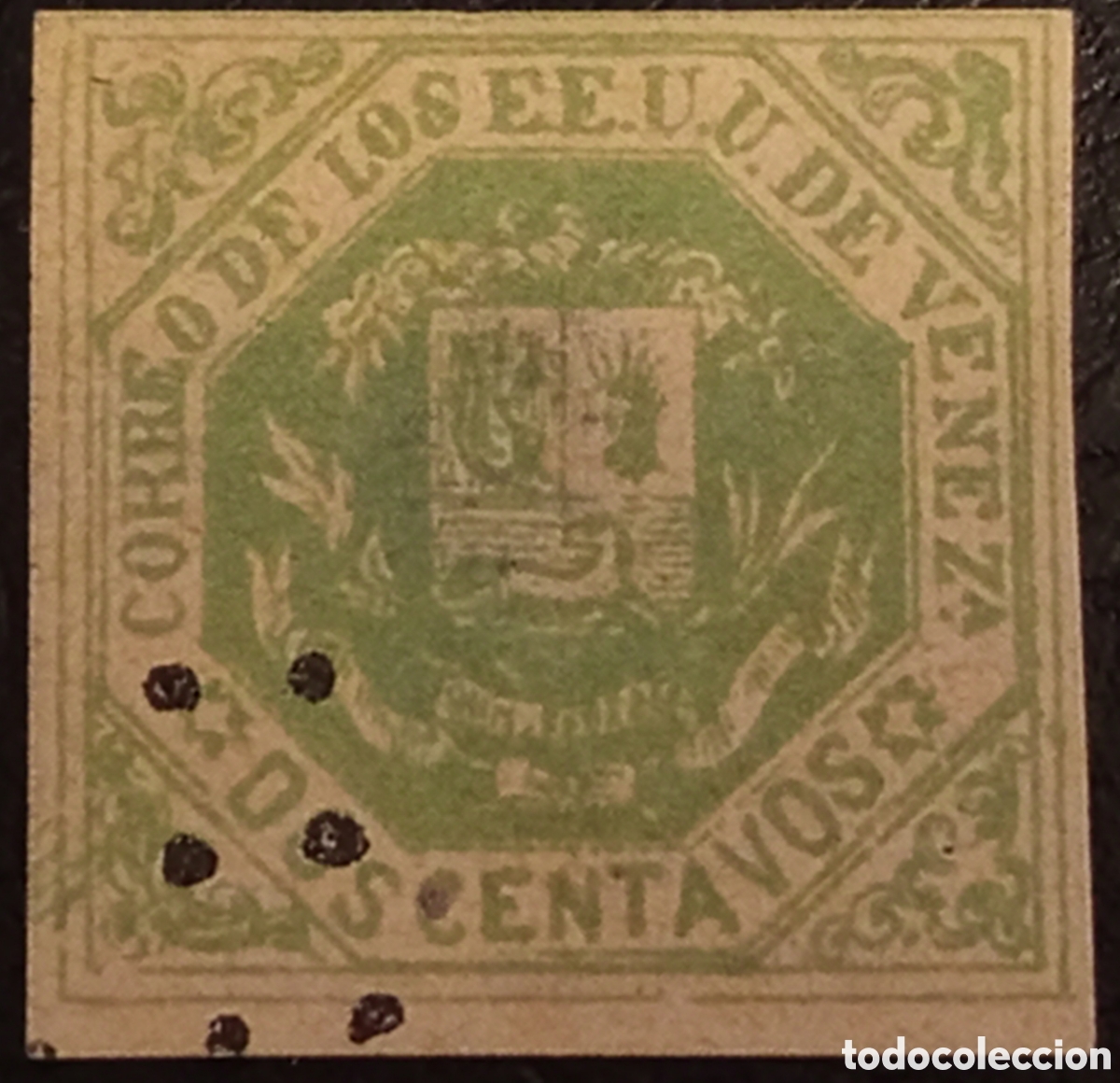 Sellos: Sello Venezuela 1865 2c Verde Escudo Imperforado - Cat Scott #10 Usado