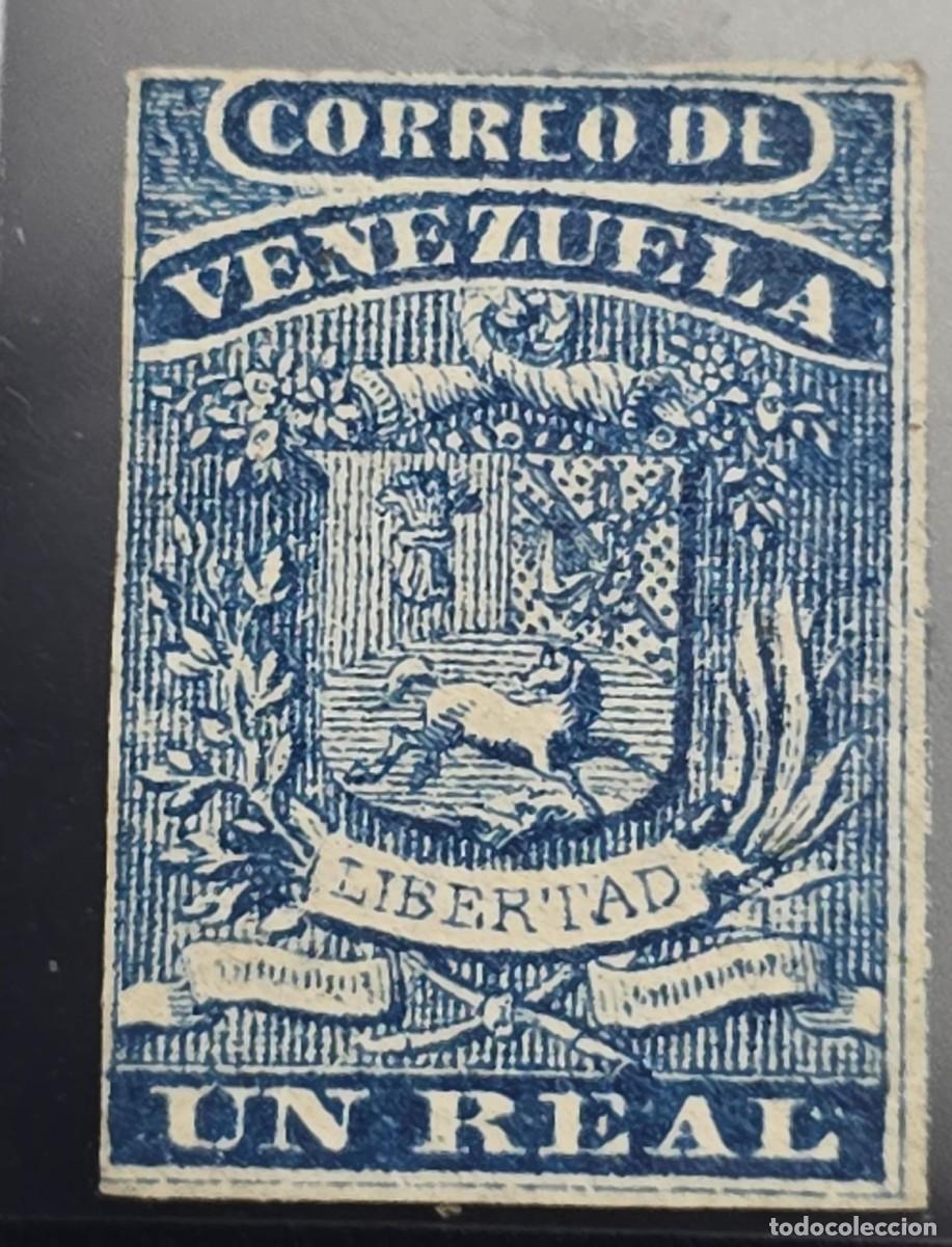 Sellos: O) 1859 VENEZUELA, COAT OF ARMS, SCT 2 1 real blue, MINT, EXCELLENT CONDITION