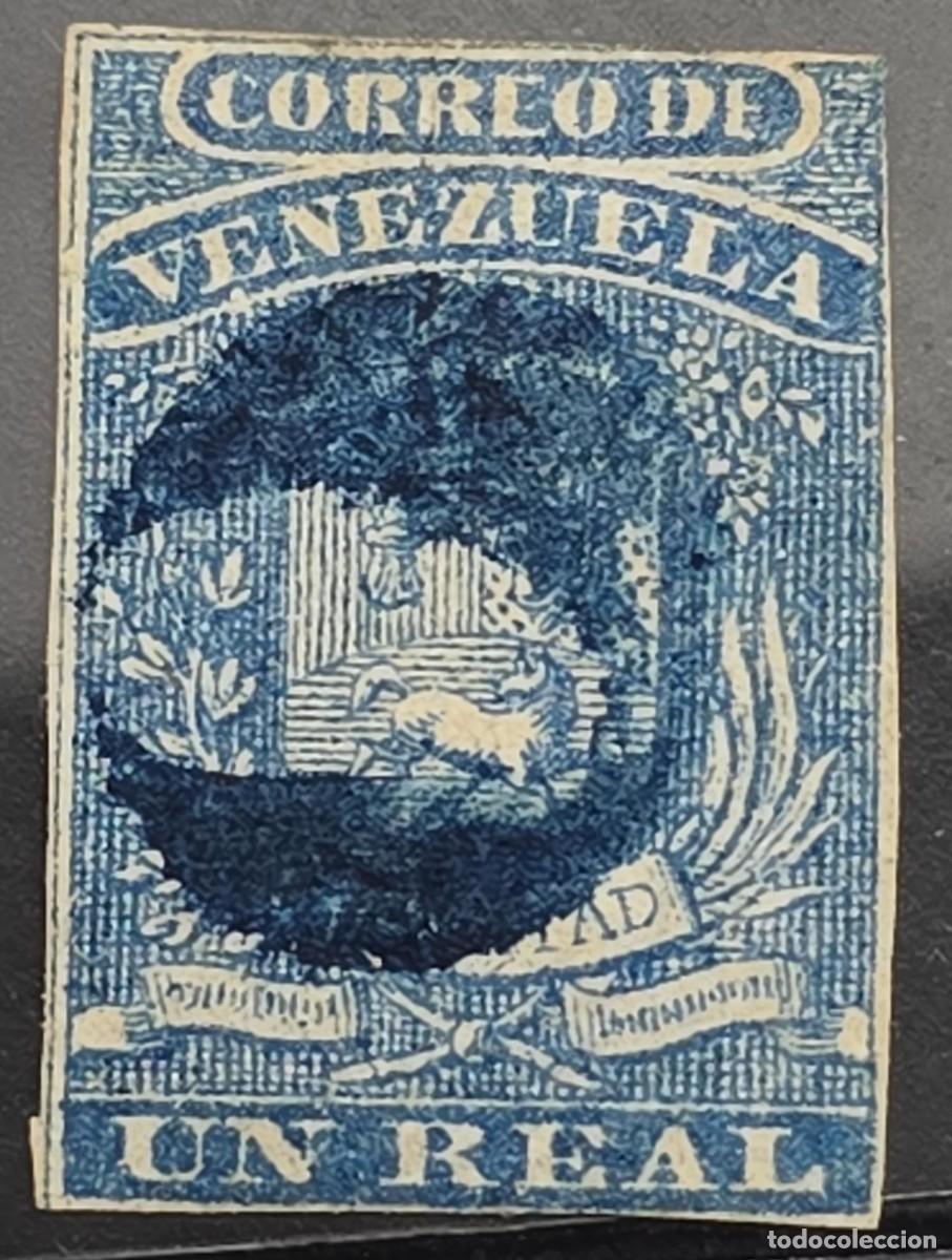 Sellos: O) 1859 circa, VENEZUELA, COAT OF ARMS, SCT 2 1 real blue, EXCELLENT CONDITION, USED, MUTE CANCELLA