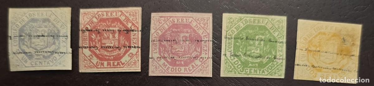 Sellos: O) 1865 VENEZUELA, COAT OF ARMS 1 centavo, COAT OF ARMS 1 real, COAT OF ARMS &frac12; real, COAT OF ARMS