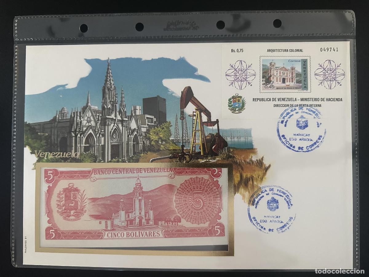 Sellos: Venezuela sobre numism&aacute;tico billete 5 Bol&iacute;vares bloque arquitectura