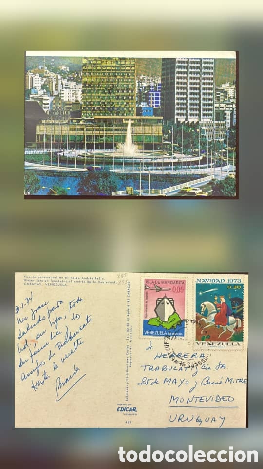 Sellos: CA)​ Venezuela (sent to Uruguay)1974 (written January 31, 1974, with a 1973 Christmas issue stamp) T