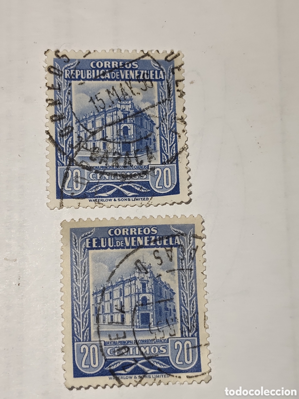 Timbres: 2 Sellos de Venezuela oficina principal de correos Caracas 1953 usados
