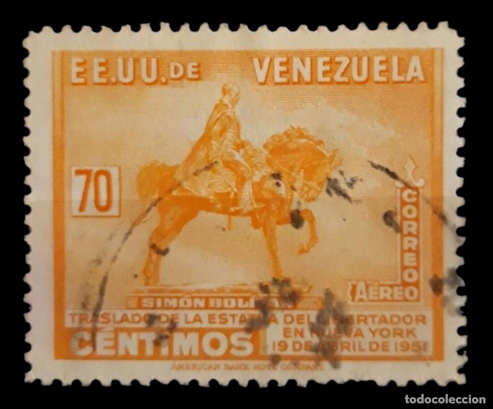 Sellos: VENEZUELA 1951 Traslado del monumento a Sim&oacute;n Bol&iacute;var de Caracas a Nueva York. A&eacute;reo. USADO.