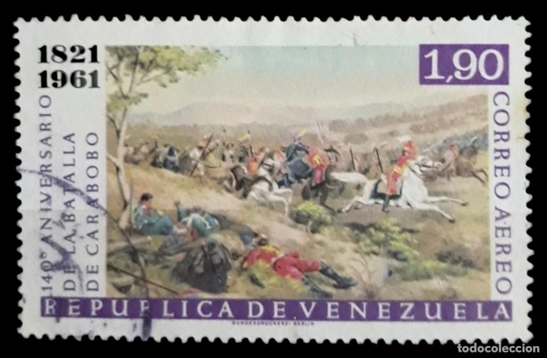 Sellos: VENEZUELA 1961 140 Aniversario de la batalla de Carabobo. A&eacute;reo. USADO.