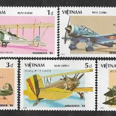 Sellos: SE)1986 VIETNAM COMPLETE SERIES AIRCRAFT, UNIVERSAL EXHIBITION EXPO '86, VANCOUVER, CANADA, 7 STAMP